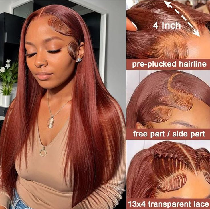 Reddish Brown Straight Wig – 250% Density Human Hair, 13x4 & 13x6 HD Transparent Lace Front, Pre-Plucked Full Frontal Wig - MS ACORA HAIR