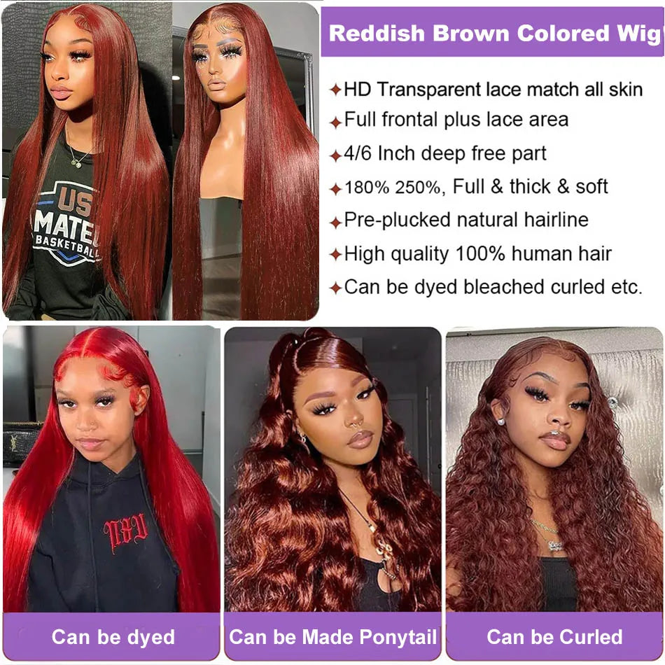 Reddish Brown Straight Wig – 250% Density Human Hair, 13x4 & 13x6 HD Transparent Lace Front, Pre-Plucked Full Frontal Wig - MS ACORA HAIR