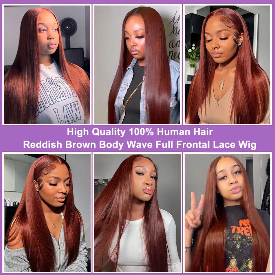 Reddish Brown Straight Wig – 250% Density Human Hair, 13x4 & 13x6 HD Transparent Lace Front, Pre-Plucked Full Frontal Wig - MS ACORA HAIR
