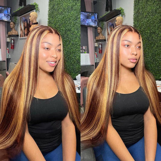 Brazilian Honey Blonde Straight Lace Front Wigs 100% Human Hair Highlight Wig 13x4 13x6 Hd Lace Frontal Wig PrePlucked 30 Inch - MS ACORA HAIR