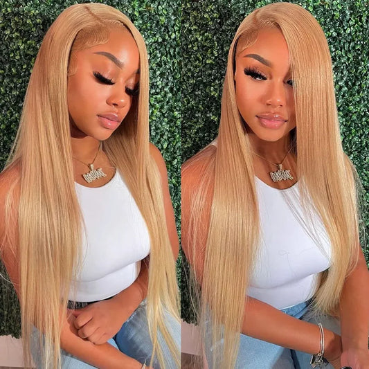 Honey Blonde Straight Lace Front Wig – 13x4 & 13x6 HD Lace Frontal, #27 Colored Brazilian Human Hair Wig - MS ACORA HAIR