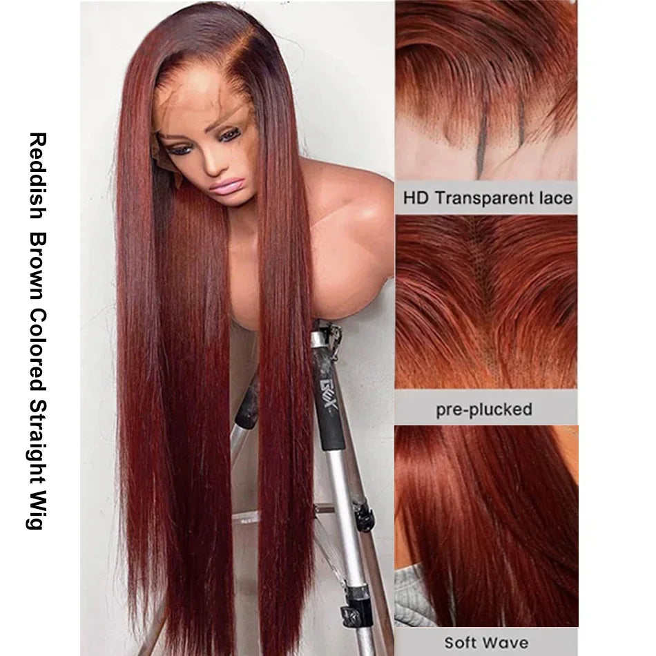 Reddish Brown Straight Wig – 250% Density Human Hair, 13x4 & 13x6 HD Transparent Lace Front, Pre-Plucked Full Frontal Wig - MS ACORA HAIR